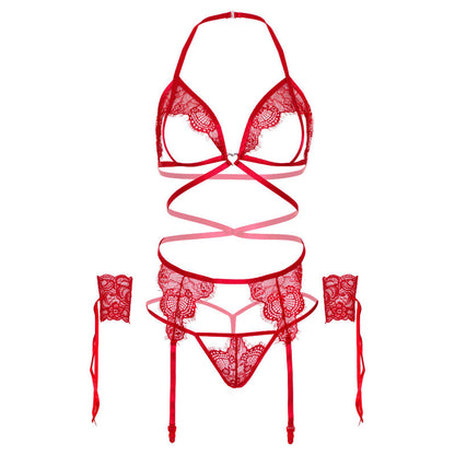 LEG AVENUE - SET CUATRO PIEZAS SUJETADOR, LIGUERO, TANGA Y PUÑOS TALLA ÚNICA - ROJO
