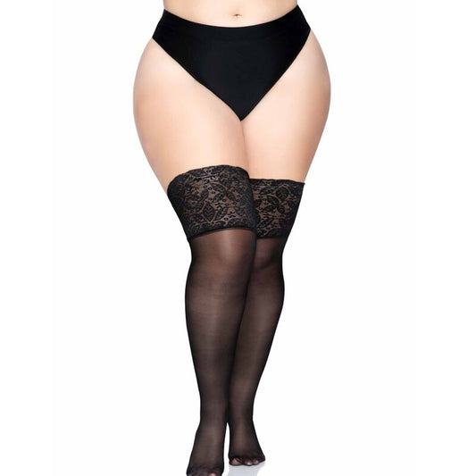 LEG AVENUE - BLACK SELF-ADHESIVE STOCKINGS WITH WIDE LACE PLUS SIZE