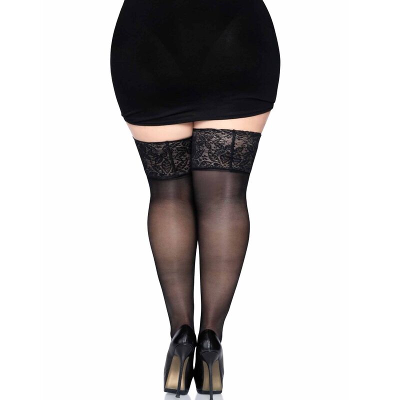 LEG AVENUE - MEDIAS NEGRAS AUTOADHESIVAS CON ENCAJE ANCHO PLUS SIZE