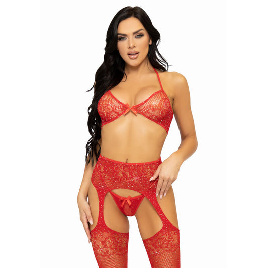 LEG AVENUE - THREE-PIECE SET: BRA, THONG, AND STOCKINGS - ONE SIZE - RED