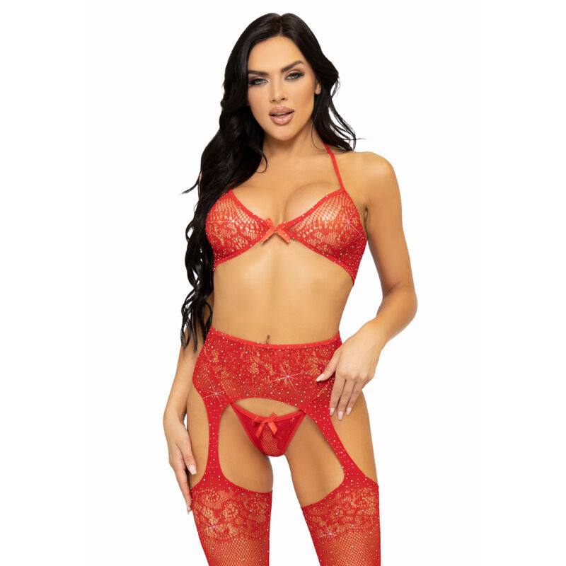 LEG AVENUE - SET TRES PIEZAS SUJETADOR, TANGA Y MEDIAS ÚNICA