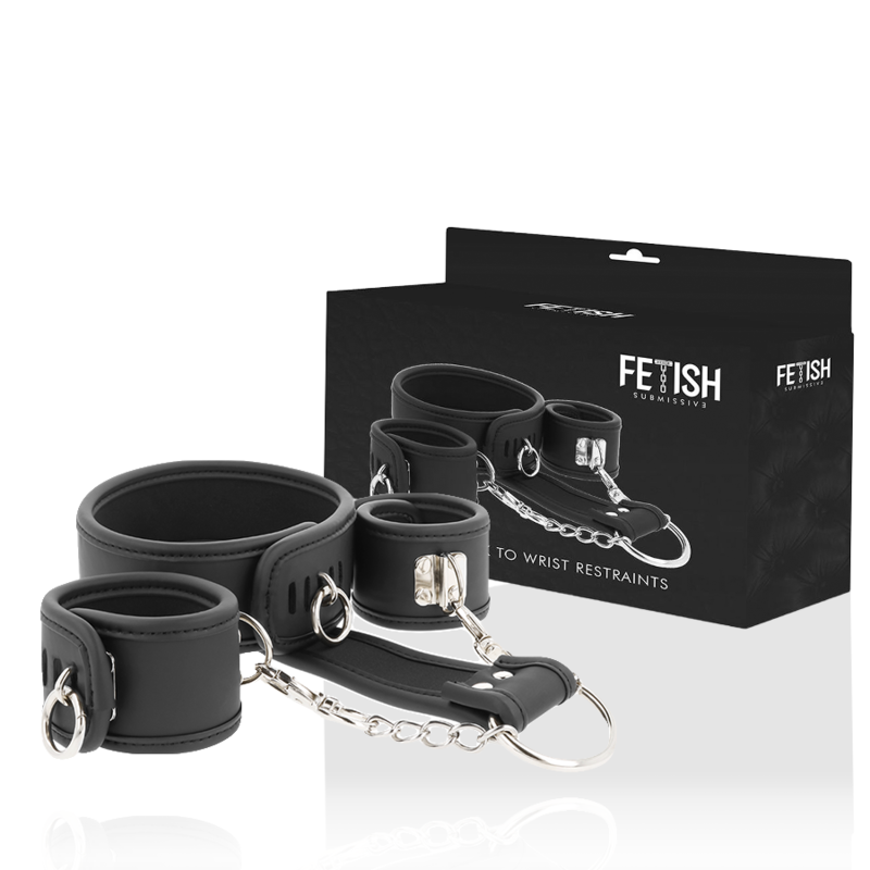 FETISH SUBMISSIVE - COLLAR Y ESPOSAS CUERO VEGANO CON FORRO DE NEOPRENO
