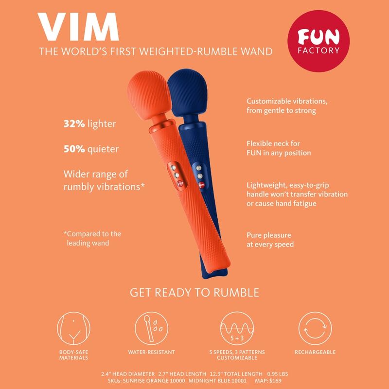 FUN FACTORY - VIM WAND RUMBLE VIBRADOR RECARGABLE SILICONA MEDIANOCHE