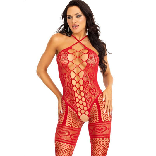 LEG AVENUE - RED HALTER NECKLACE BODYSTOCKING WITH RED HEARTS