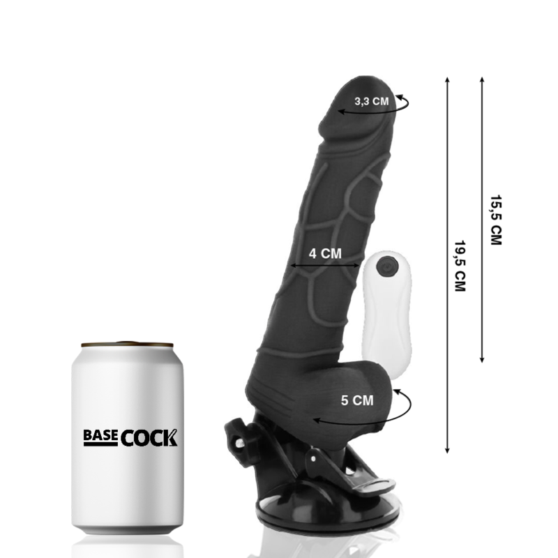 BASECOCK - BLACK REMOTE CONTROL REALISTIC VIBRATOR WITH TESTICLES 19.5 CM -OR- 4 CM