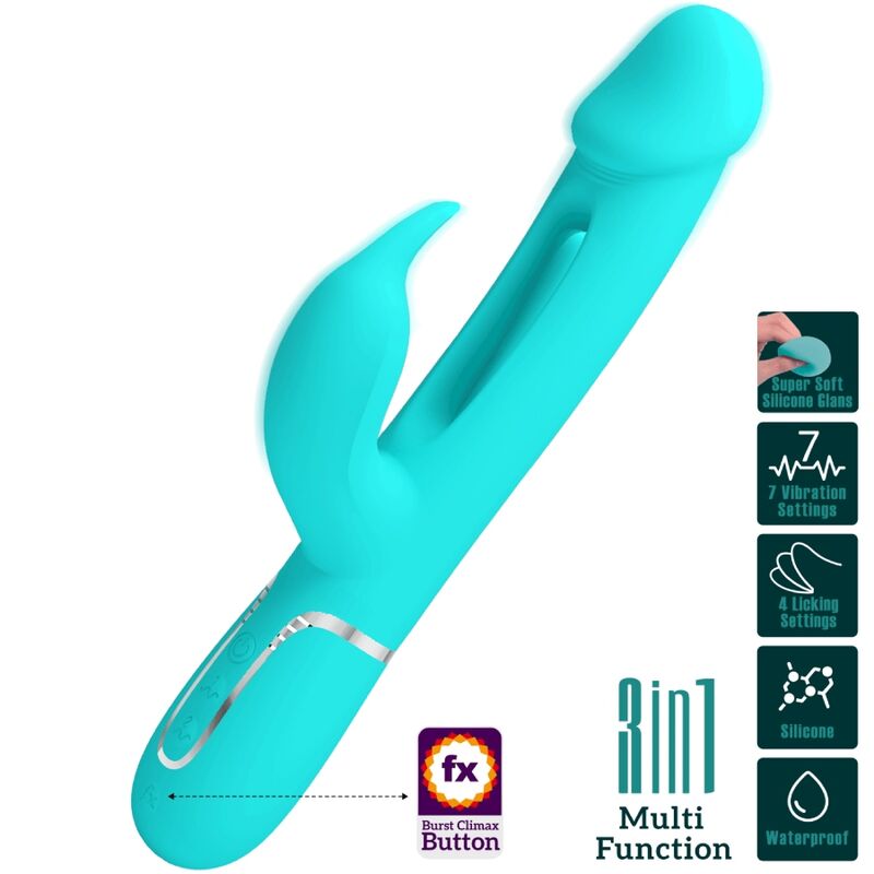 PRETTY LOVE - KAMPAS 3-IN-1 MULTIFUNCTION RABBIT VIBRATOR WITH AQUA GREEN TONGUE