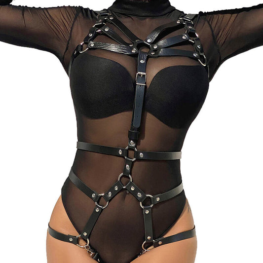 SUBBLIME - BODY HARNESS WITH ADJUSTABLE STRAPS, BLACK LEATHER, ONE SIZE