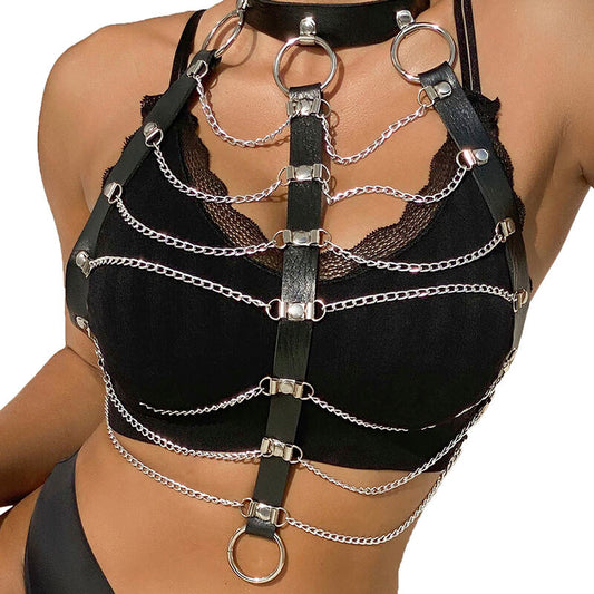 SUBBLIME - CHEST HARNESS WITH CHAINS, BLACK LEATHER, ONE SIZE