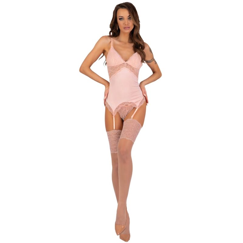 LIVCO CORSETTI FASHION - PERSINNE PEACH SET CORSET + PANTY + STOCKINGS L/XL