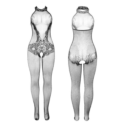 SUBBLIME - 951801 Black High Neck Crotchless Mesh and Lace Bodystocking, One Size