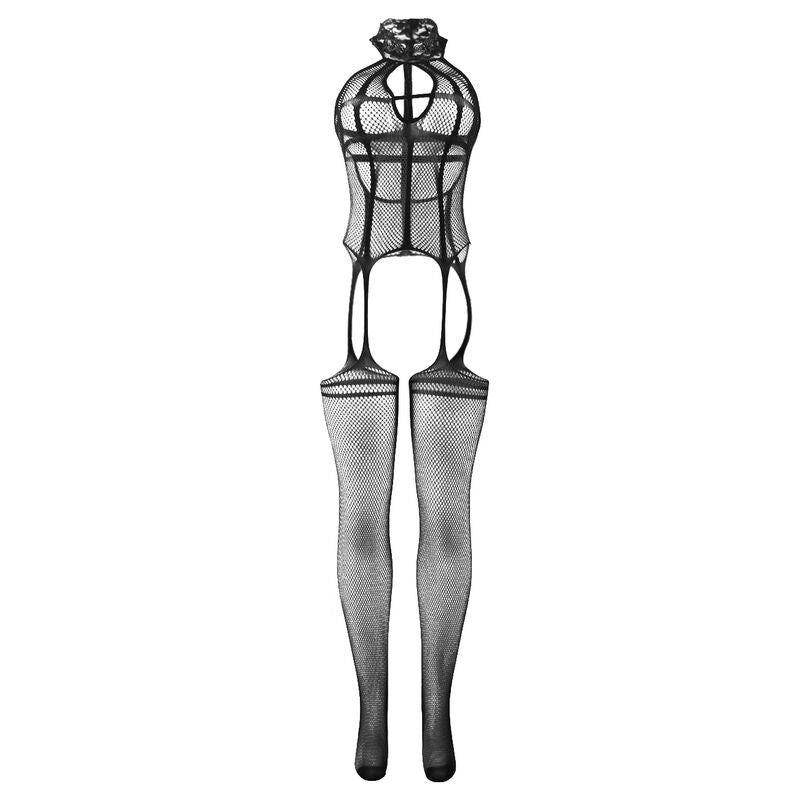 SUBBLIME - 951986 Crotchless Mesh Bodystocking with Printed Neckline, Black, One Size