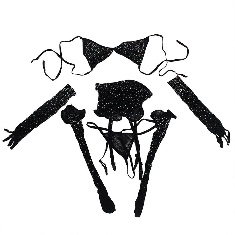 SUBBLIME - 952174 MESH BODYSTOCKING WITH GLOVES AND DIAMONDS BLACK ONE SIZE