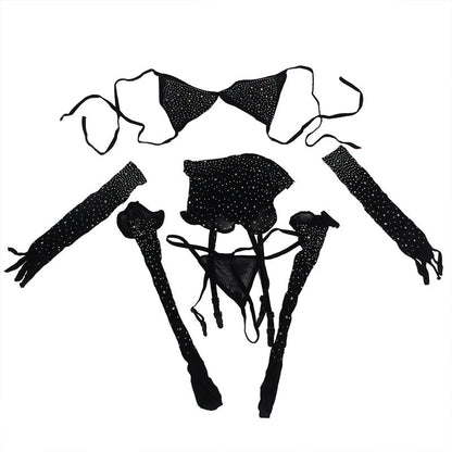 SUBBLIME - 952174 MESH BODYSTOCKING WITH GLOVES AND DIAMONDS BLACK ONE SIZE