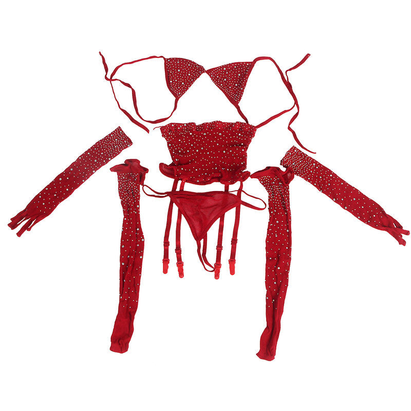 SUBBLIME - 952181 MESH BODYSTOCKING WITH GLOVES AND DIAMONDS RED ONE SIZE