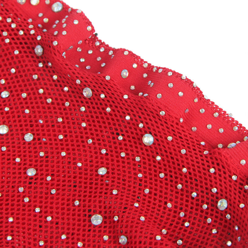 SUBBLIME - 952181 MESH BODYSTOCKING WITH GLOVES AND DIAMONDS RED ONE SIZE