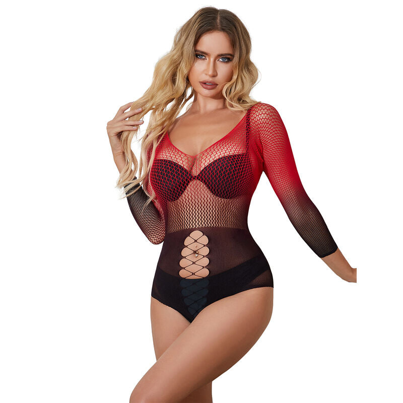 SUBBLIME - 952259 VESTIDO DE REJILLA ELÁSTICO MANGA LARGA DEGRADADO ROJO Y NEGRO TALLA ÚNICA