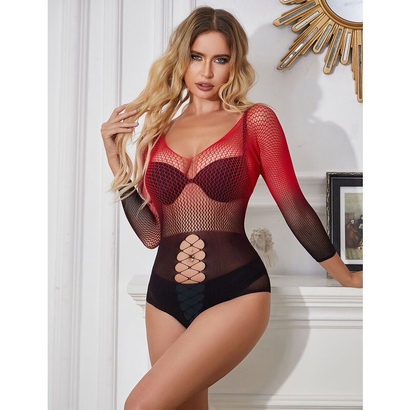 SUBBLIME - 952259 STRETCH MESH DRESS LONG SLEEVE RED AND BLACK GRADIENT ONE SIZE