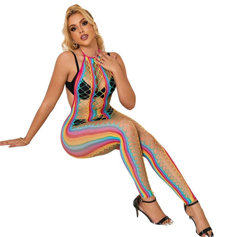 SUBBLIME - 952358 RAINBOW HALTER NECK MESH BODYSTOCKING XS/M