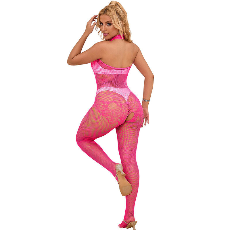 SUBBLIME - 952389 CROTCHLESS LACE AND FISHNET BODYSTOCKING WITH HIGH NECK PINK ONE SIZE