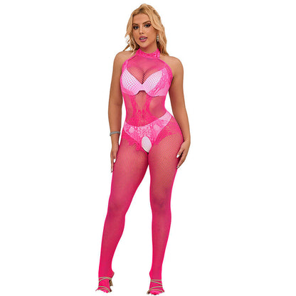 SUBBLIME - 952389 CROTCHLESS LACE AND FISHNET BODYSTOCKING WITH HIGH NECK PINK ONE SIZE