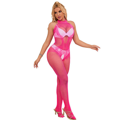 SUBBLIME - 952389 CROTCHLESS LACE AND FISHNET BODYSTOCKING WITH HIGH NECK PINK ONE SIZE