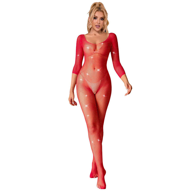 SUBBLIME - 952419 DIAMOND MESH BODYSTOCKING LONG SLEEVE RED XS/M