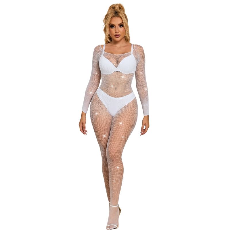SUBBLIME - 952396 DIAMOND MESH BODYSTOCKING LONG SLEEVE WHITE ONE SIZE