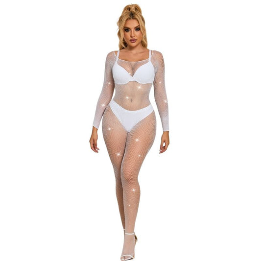 SUBBLIME - 952396 DIAMOND MESH BODYSTOCKING LONG SLEEVE WHITE ONE SIZE