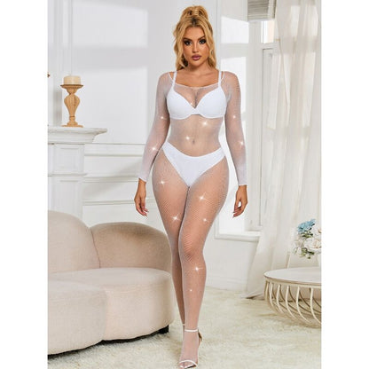 SUBBLIME - 952396 DIAMOND MESH BODYSTOCKING LONG SLEEVE WHITE ONE SIZE