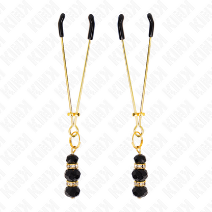 KINK - FINE GOLD NIPPLE CLAMPS WITH TRIPLE BLACK GLASS BALL 7 CM