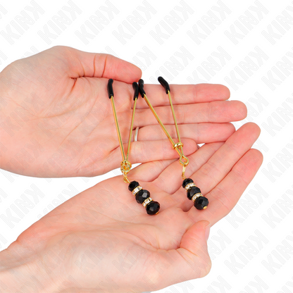 KINK - FINE GOLD NIPPLE CLAMPS WITH TRIPLE BLACK GLASS BALL 7 CM