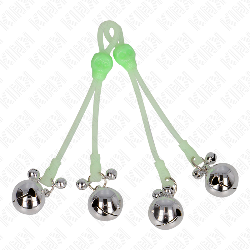 KINK - Light Up Skull-Shaped Nipple Clamps with Adjustable Bell, Green/Silver