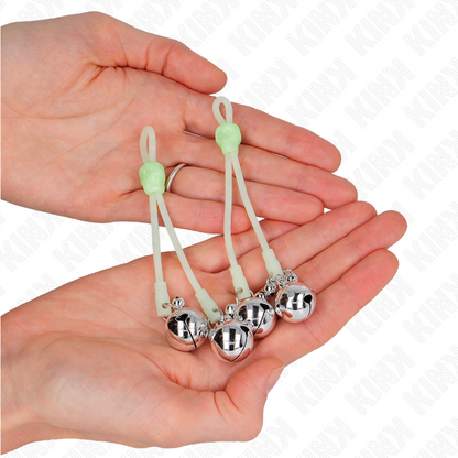 KINK - Light Up Skull-Shaped Nipple Clamps with Adjustable Bell, Green/Silver