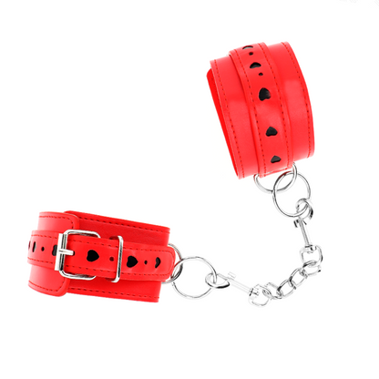 KINK - RED WRISTBANDS WITH BLACK HEART INLAY, ADJUSTABLE 21-28 CM X 5.5 CM