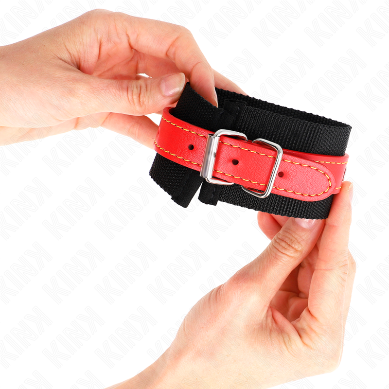 KINK - BLACK NYLON WRISTBANDS WITH ADJUSTABLE RED FAUX LEATHER STRAP 19-24 CM X 5.5 CM