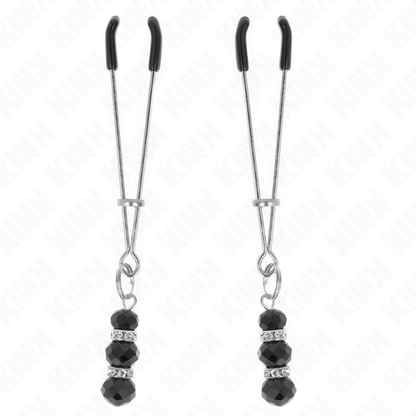KINK - FINE SILVER NIPPLE CLAMPS WITH TRIPLE BLACK GLASS BALL 7 CM