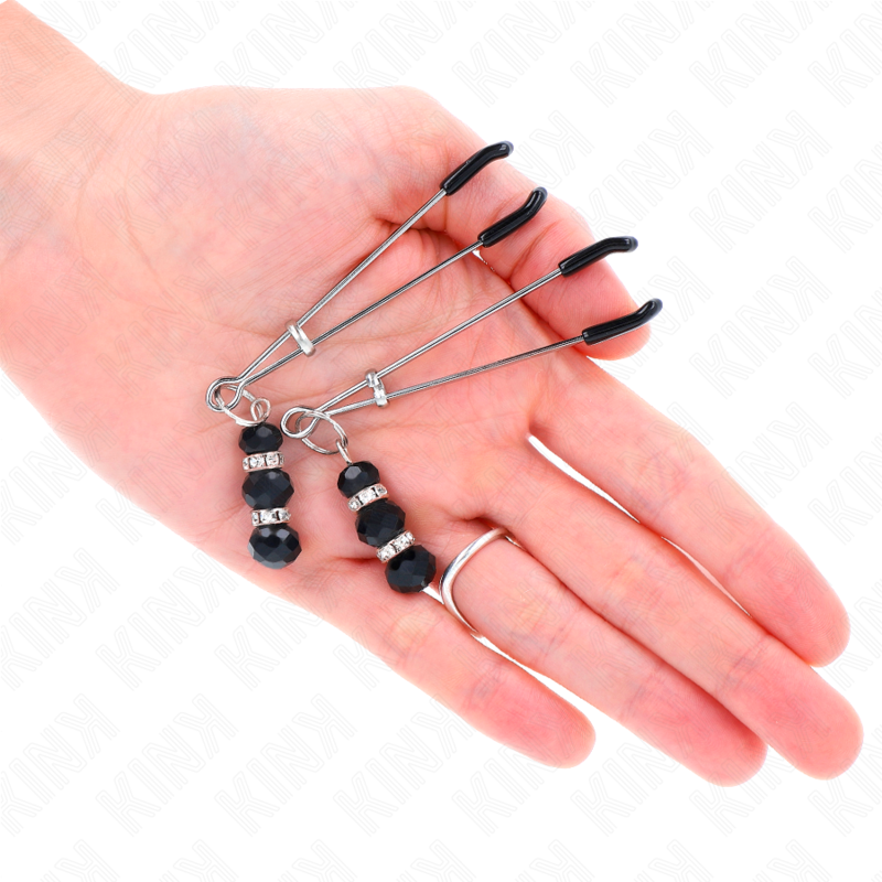 KINK - FINE SILVER NIPPLE CLAMPS WITH TRIPLE BLACK GLASS BALL 7 CM
