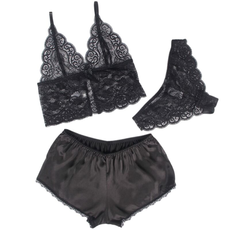 SUBBLIME - 953911 3 PIECE SET LACE AND SATIN BLACK S/M