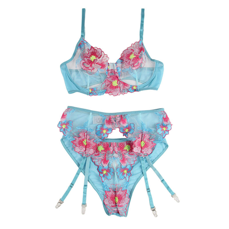 SUBBLIME - 954109 BRA + PANTIES WITH GARTER STRAP FLORAL DESIGN BLUE S/M