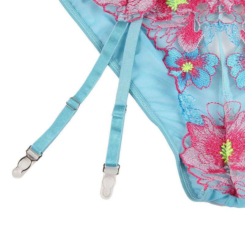 SUBBLIME - 954116 BRA + PANTIES WITH GARTER STRAP FLORAL DESIGN BLUE L/XL
