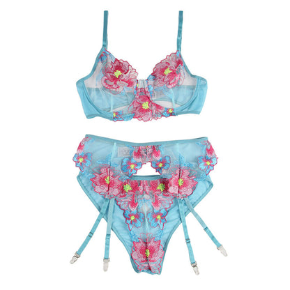 SUBBLIME - 954116 BRA + PANTIES WITH GARTER STRAP FLORAL DESIGN BLUE L/XL