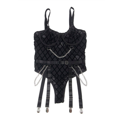 SUBBLIME - 954260 BODYSUIT WITH CHAINS + GARTER STRAPS BLACK S/M
