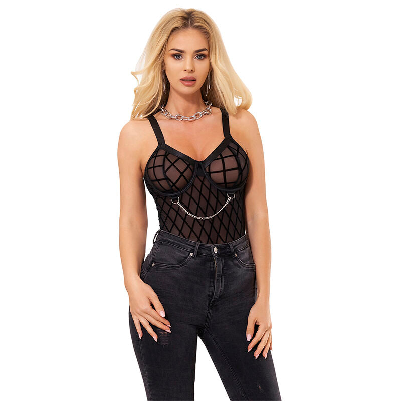 SUBBLIME - 954260 BODYSUIT WITH CHAINS + GARTER STRAPS BLACK S/M