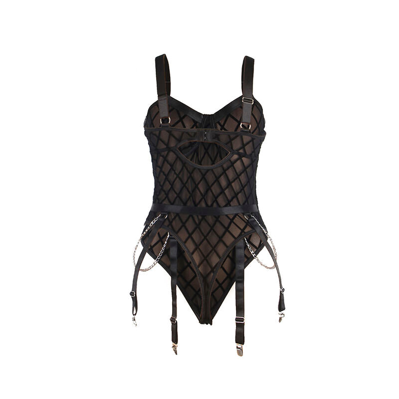 SUBBLIME - 954260 BODYSUIT WITH CHAINS + GARTER STRAPS BLACK S/M