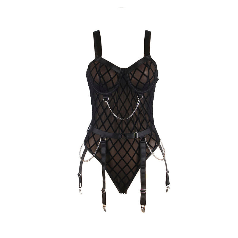 SUBBLIME - 954277 BODYSUIT WITH CHAINS + GARTER STRAPS BLACK L/XL