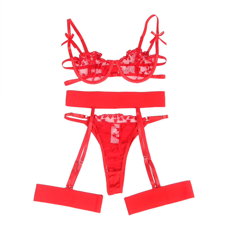 SUBBLIME - 954338 BRA + THONG + GARTERS HEART PRINT RED L/XL