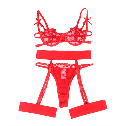 SUBBLIME - 954338 BRA + THONG + GARTERS HEART PRINT RED L/XL