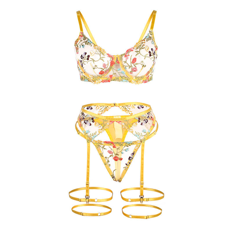 SUBBLIME - 954352 BRA + THONG + GARTERS FLORAL DESIGN YELLOW L/XL