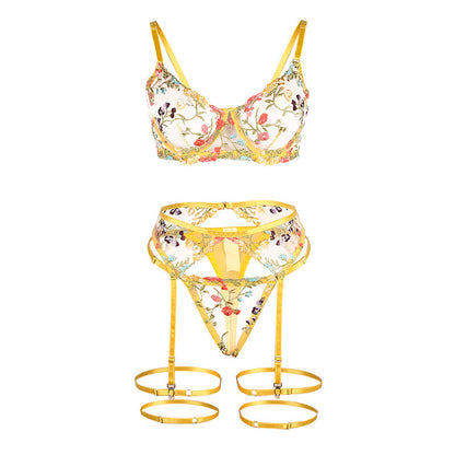 SUBBLIME - 954352 BRA + THONG + GARTERS FLORAL DESIGN YELLOW L/XL