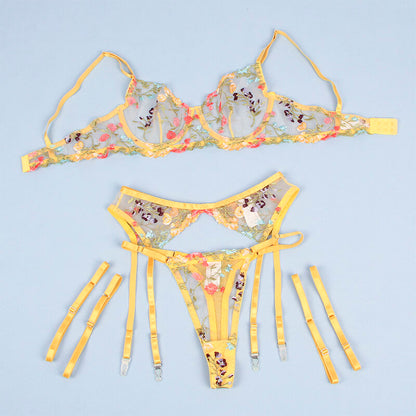 SUBBLIME - 954352 BRA + THONG + GARTERS FLORAL DESIGN YELLOW L/XL